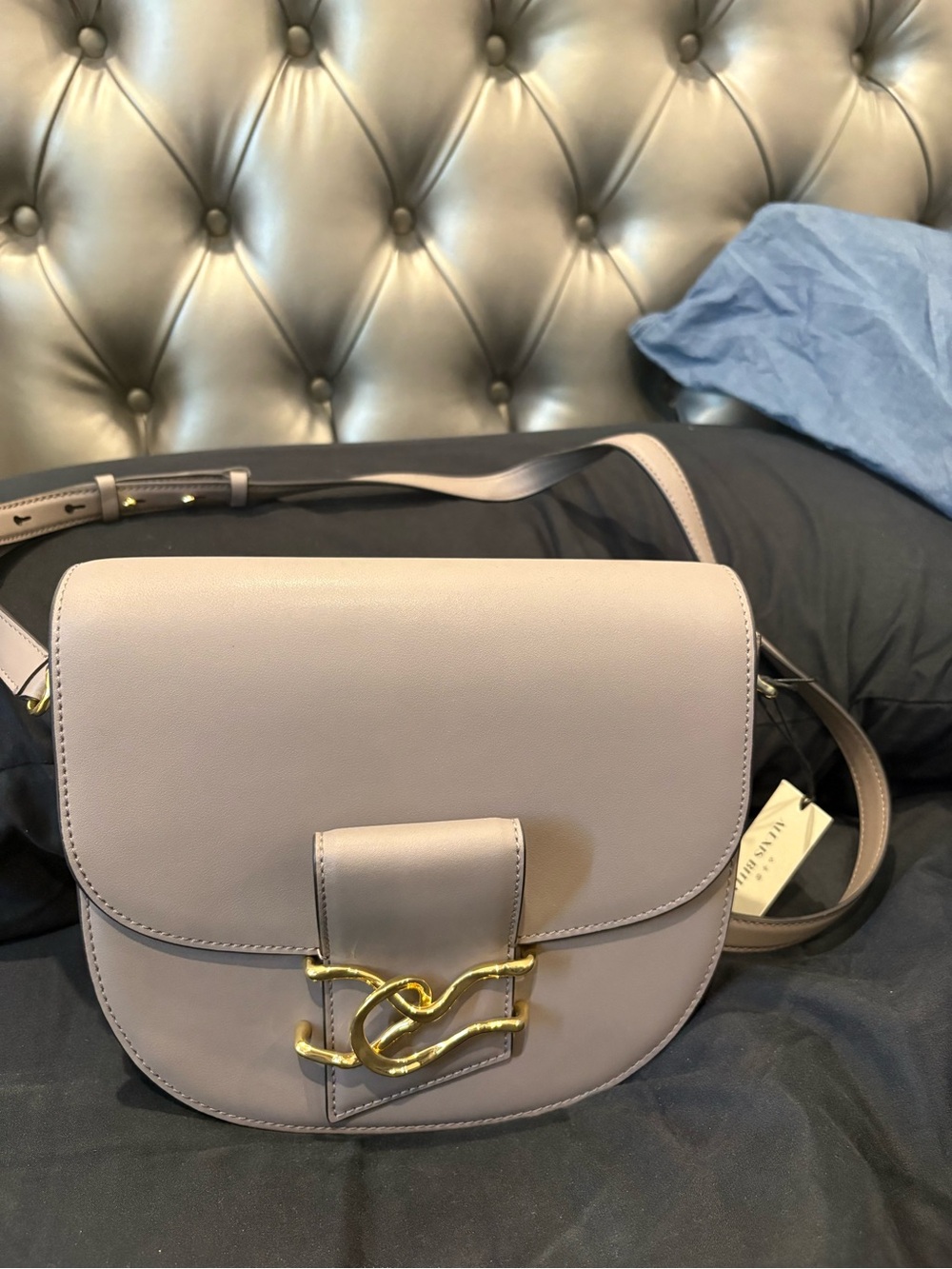 Alexis Bittar Lavender Gray Leather Crossbody with Gold Chain Accent